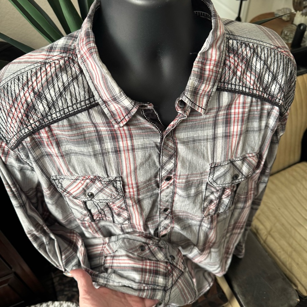 BUCKLE BLACK-Pearl snap-Western-Rockabilly-long sleeve shirt- XXL- Black Plaid